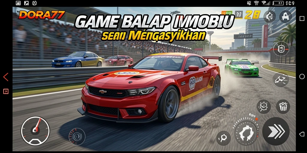 Screenshot DORA77 menampilkan aksi balap mobil yang mendebarkan.