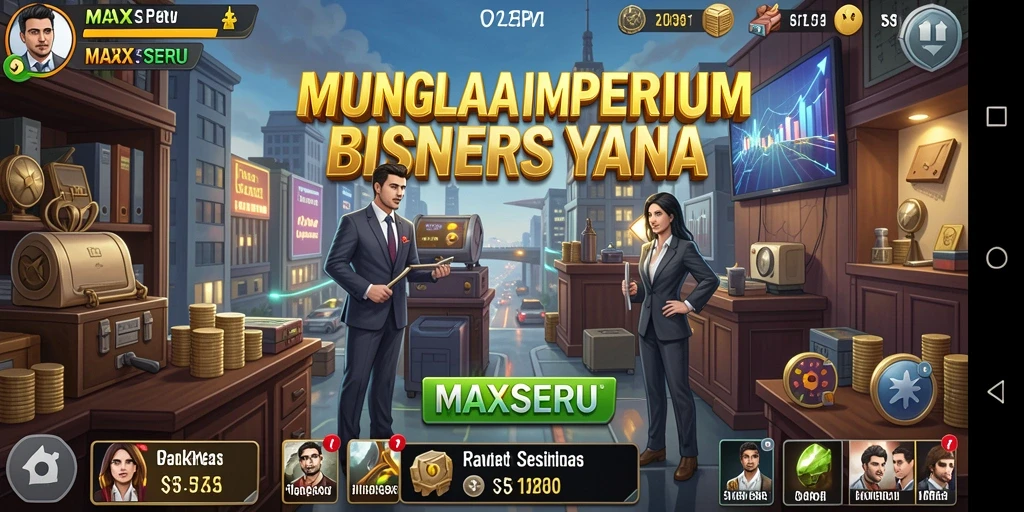 Tampilan gameplay <strong>MAXSERU</strong> yang menarik dan adiktif dalam mengelola bisnis.